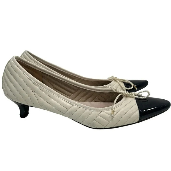 Paul Meyer Attitudes Regal Quilted Cap Toe Slip On Pumps Black Beige Low Heel 9B - Picture 1 of 9